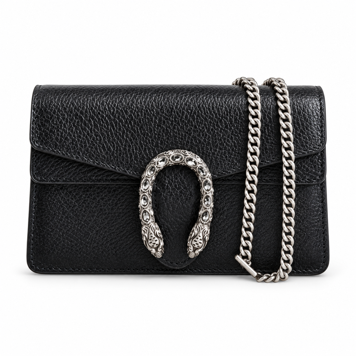 Gucci Dionysus Mini Bag in Black Pebbled Leather with Crystal Embellished Closure