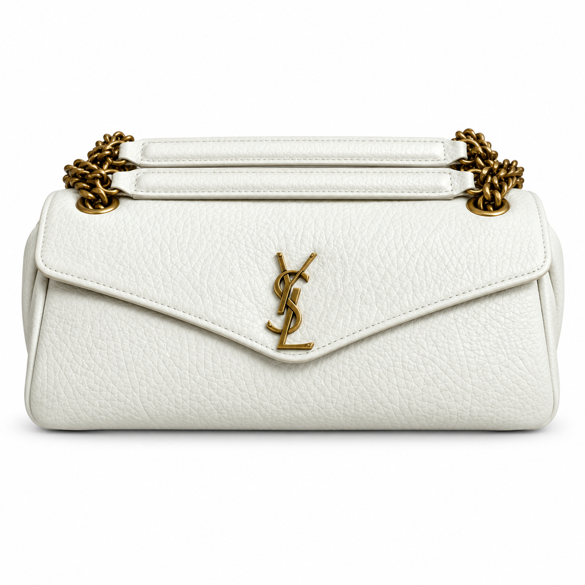 YSL Saint Laurent Gaby Envelope Bag White Grained Leather Antique Gold Chain Handles