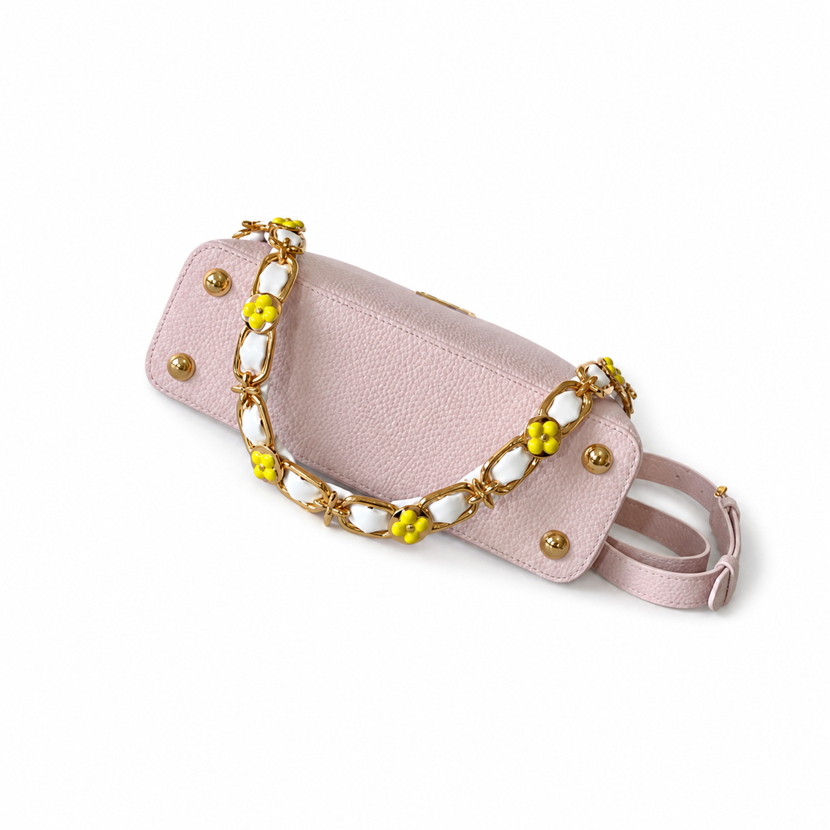 Louis Vuitton Capucines BB Pink Taurillon Leather Handbag with Floral Chain Strap