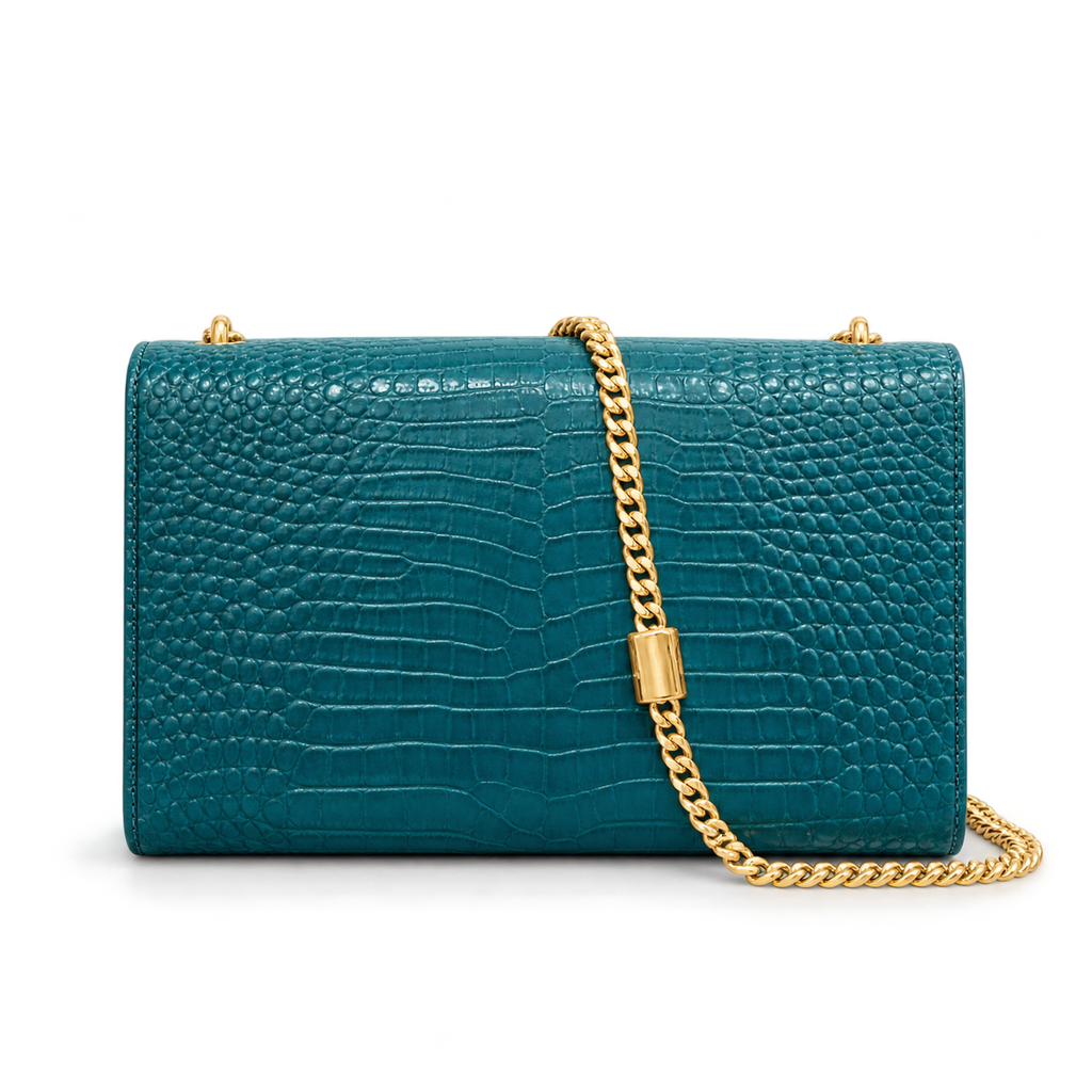 YSL Kate Tassel Chain Bag – Teal Croc-Embossed Leather