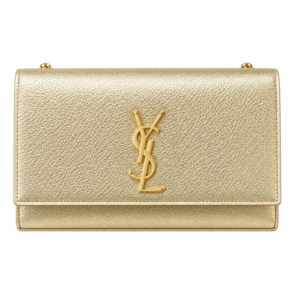 Saint Laurent YSL Kate Chain Bag in Gold Metallic Grained Leather with Tonal Gold YSL Monogram and Chain Strap