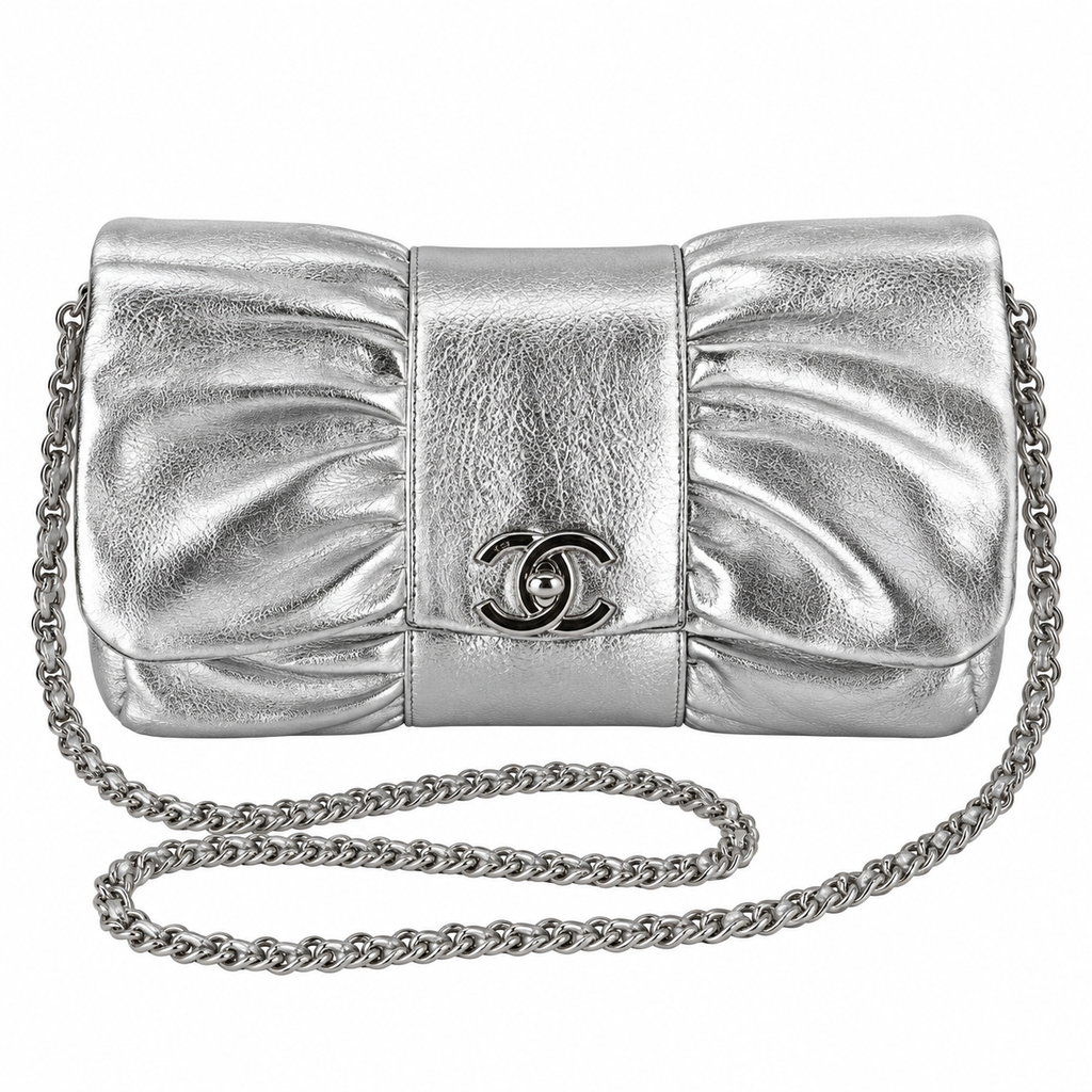 Chanel Bow Bag Ruched Metallic Crinkled Calfskin Silver 22cm