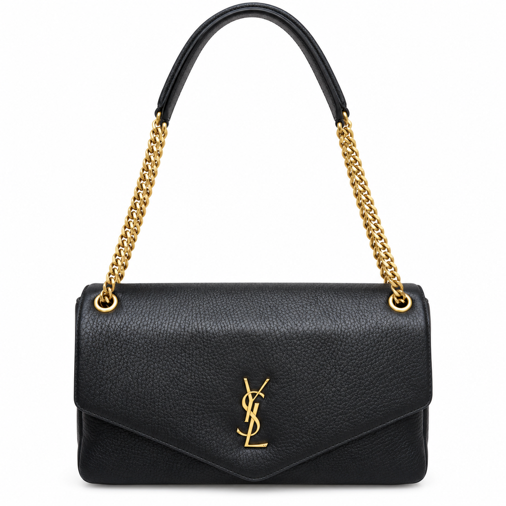 Saint Laurent YSL Calypso envelope flap chain shoulder bag in black grained calfskin leather with oversized gold YSL monogram single top handle and double gold curb chain