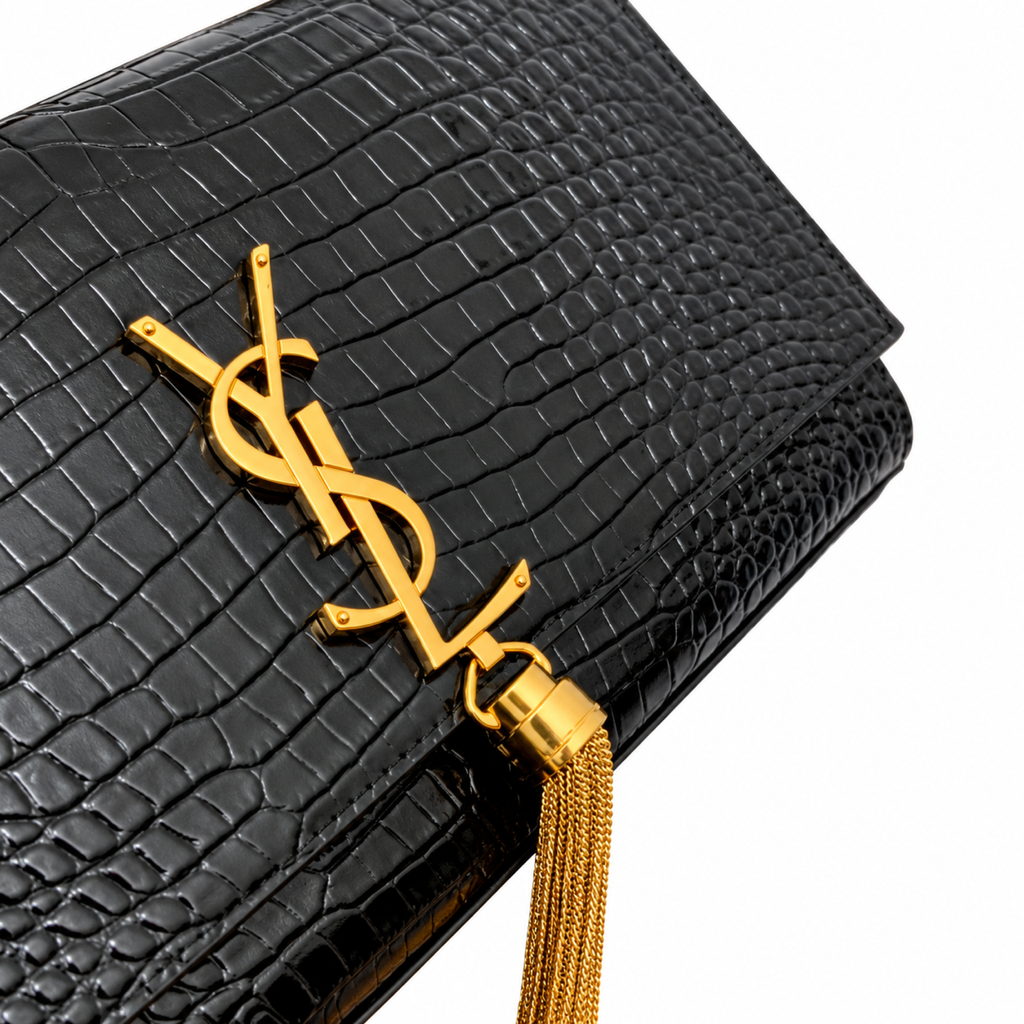 YSL Saint Laurent Kate Chain Bag in Black Croc-Embossed Leather with Tassel