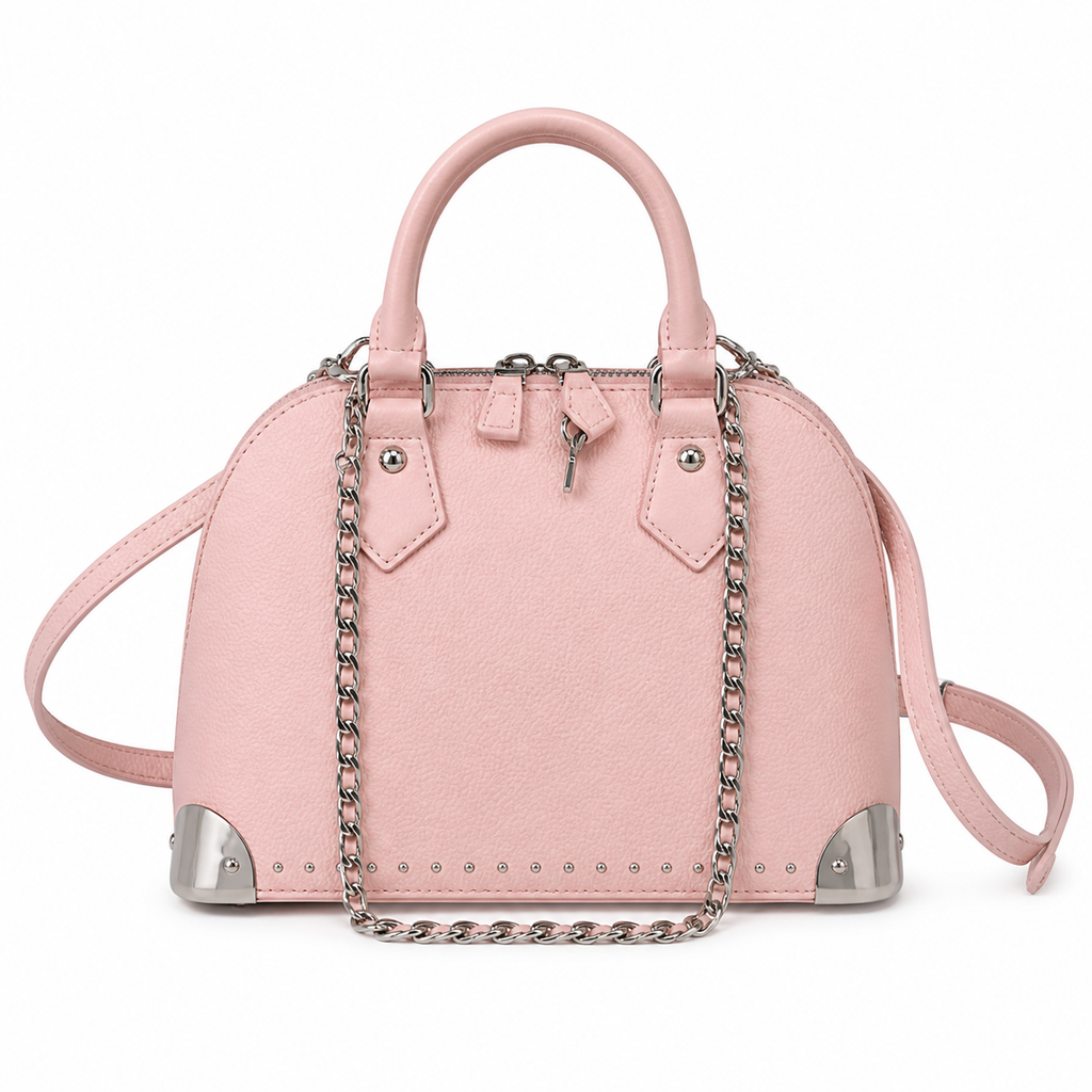 Louis Vuitton Alma BB pink Monogram Empreinte leather bag with silver chain handles, rivets and corner metal caps