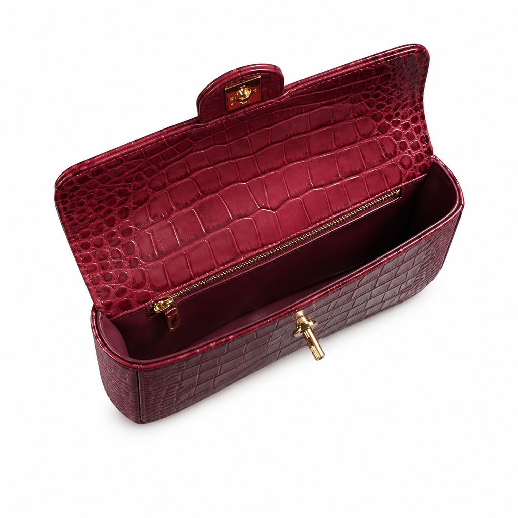 Chanel Ruby Red Croc-Embossed Flap Bag | Gold Bar Push-Lock & Multi-Stone Jewelled Tassel