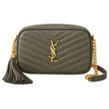 Saint Laurent YSL Lou Mini Camera Bag in Khaki Olive Green Grained Leather with Gold YSL Monogram Chevron Quilting Khaki Tassel and Gold Chain Strap