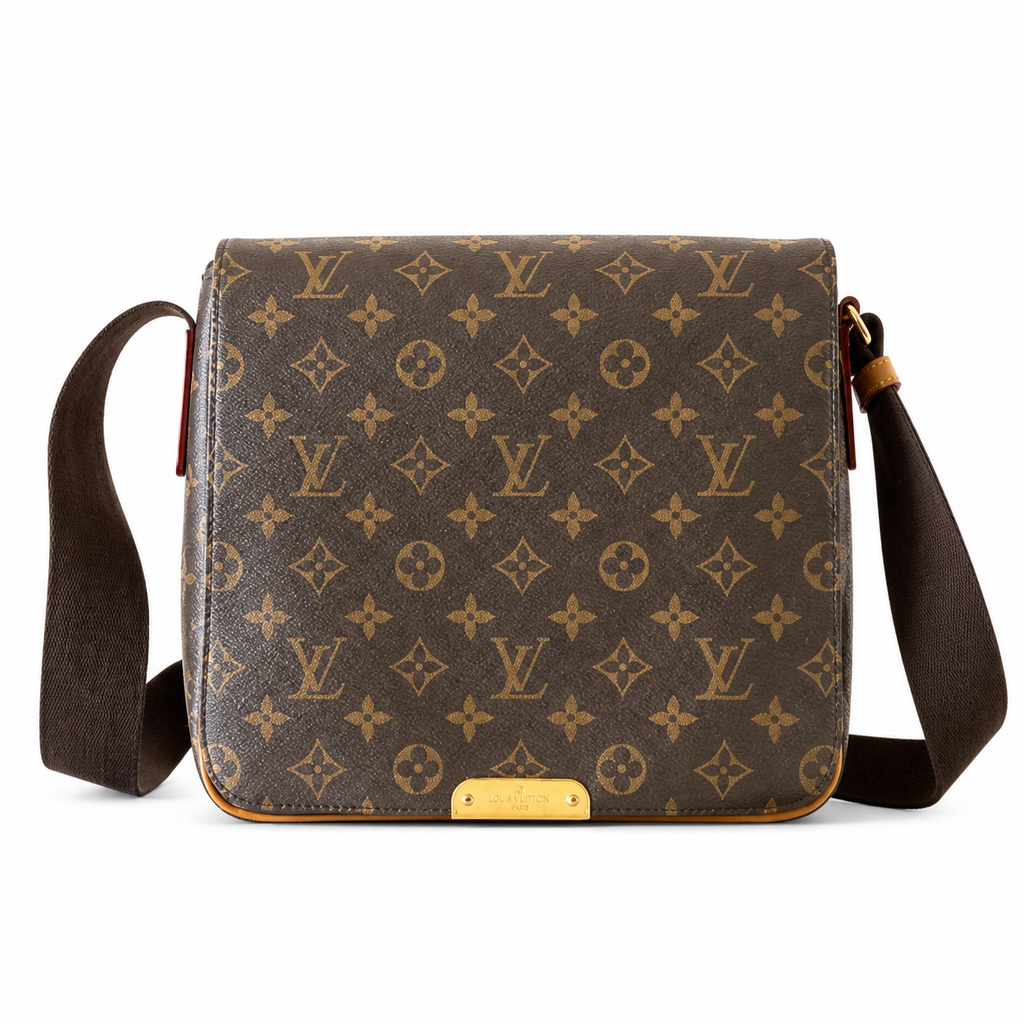 Louis Vuitton Salsa MM Monogram canvas messenger crossbody bag with Vachetta leather trim and gold LV nameplate