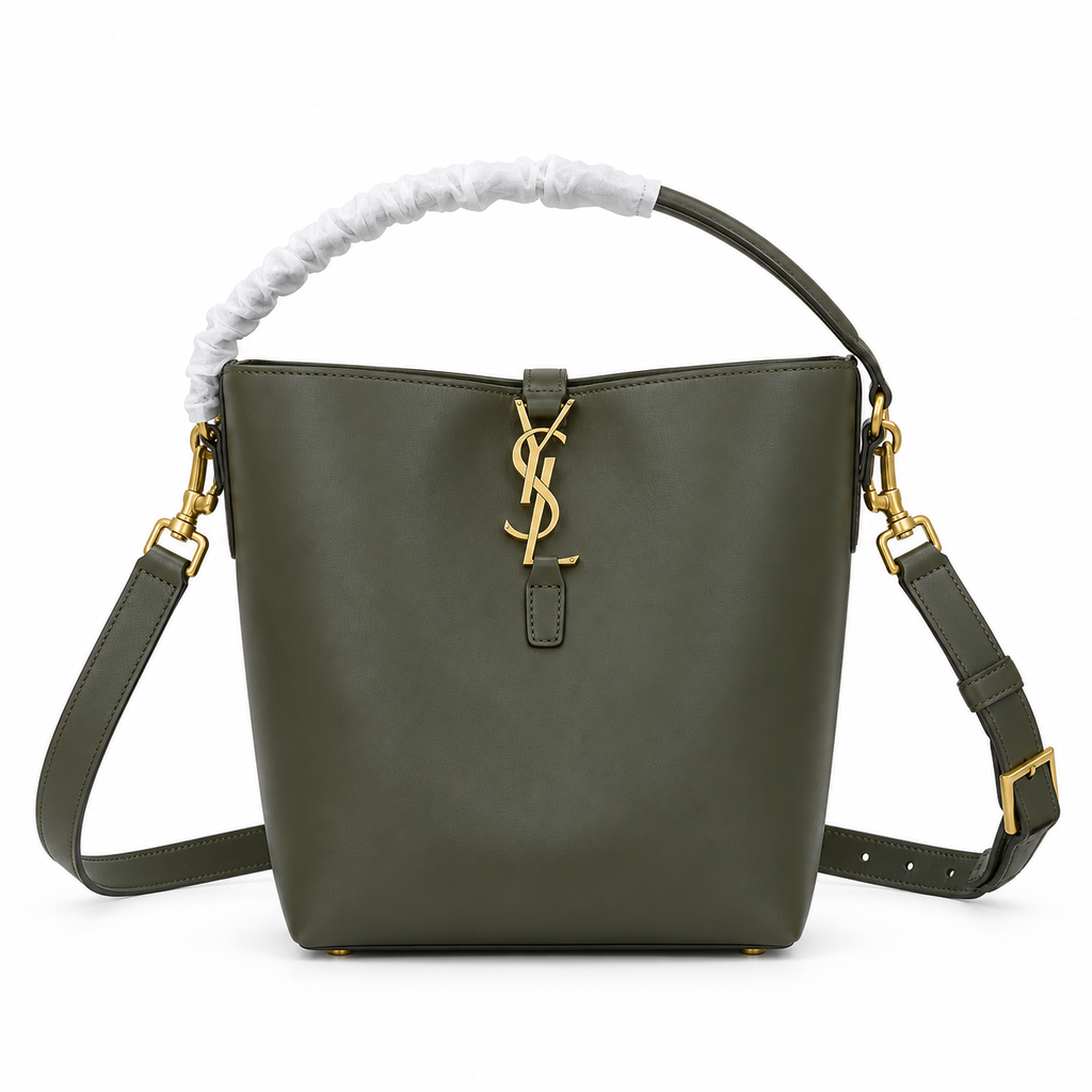 YSL Saint Laurent Le Petit Suzanne Bucket Bag in Khaki Smooth Leather