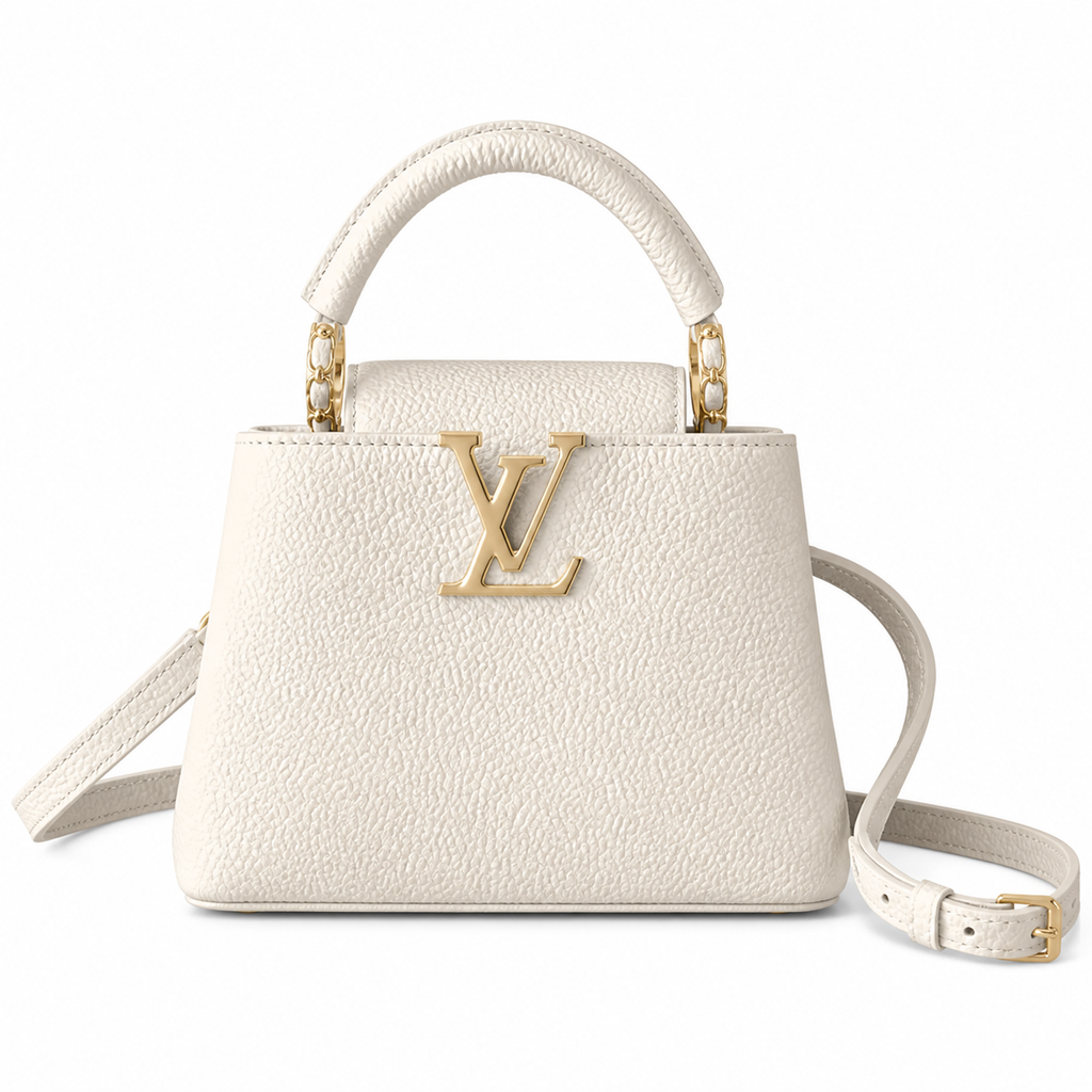 Louis Vuitton Capucines Mini white embossed calfskin top-handle bag with gold LV logo plaque and chain links
