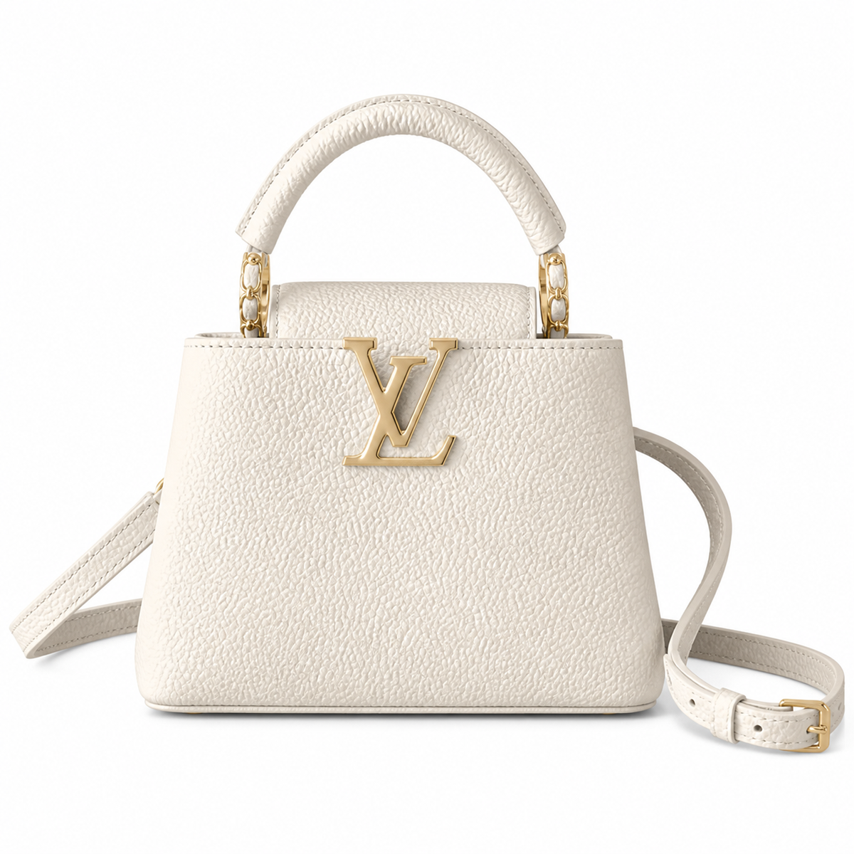 Louis Vuitton Capucines Mini white embossed calfskin top-handle bag with gold LV logo plaque and chain links