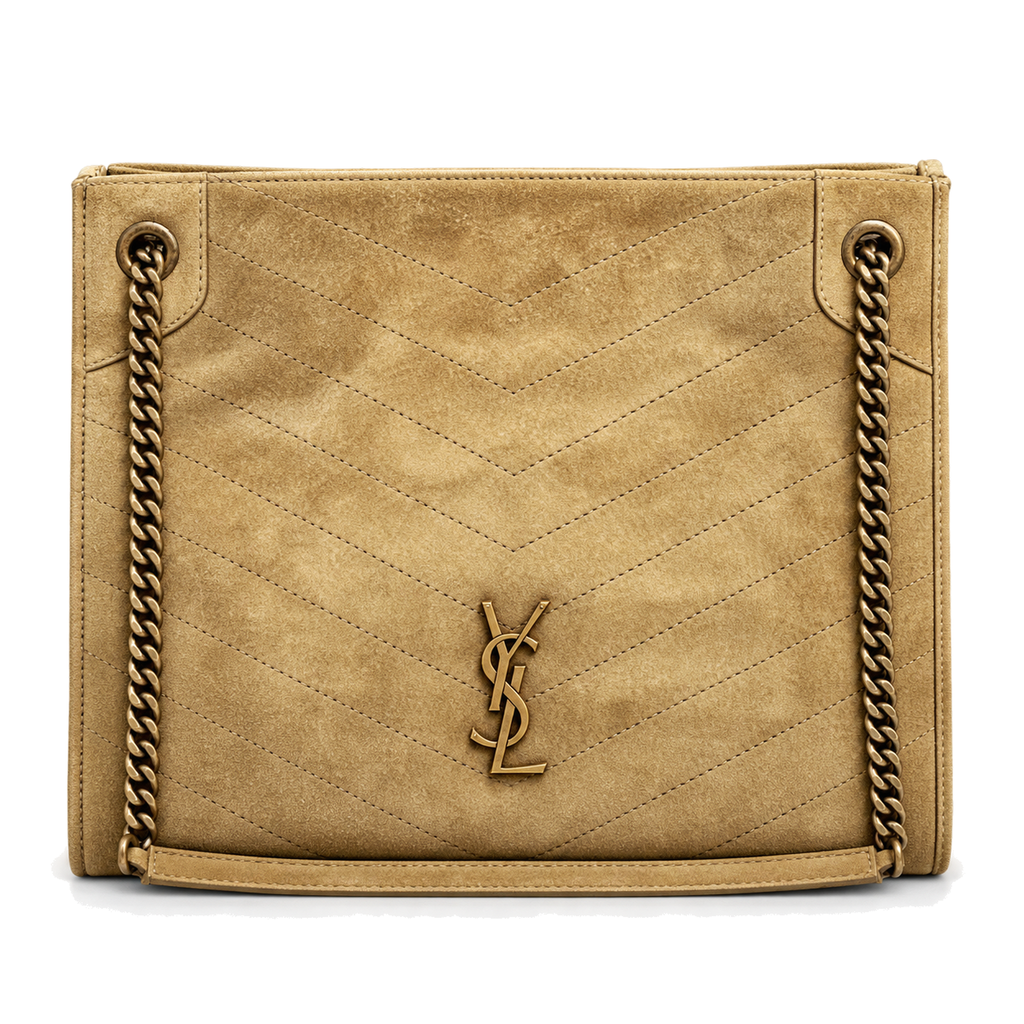 YSL Saint Laurent Nolita Quilted Suede Tote Bag Sand with Gold Chain Straps
