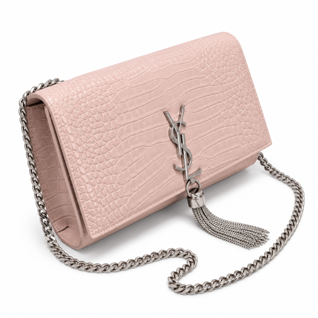 YSL Kate Tassel Chain Bag – Blush Croc-Embossed Leather