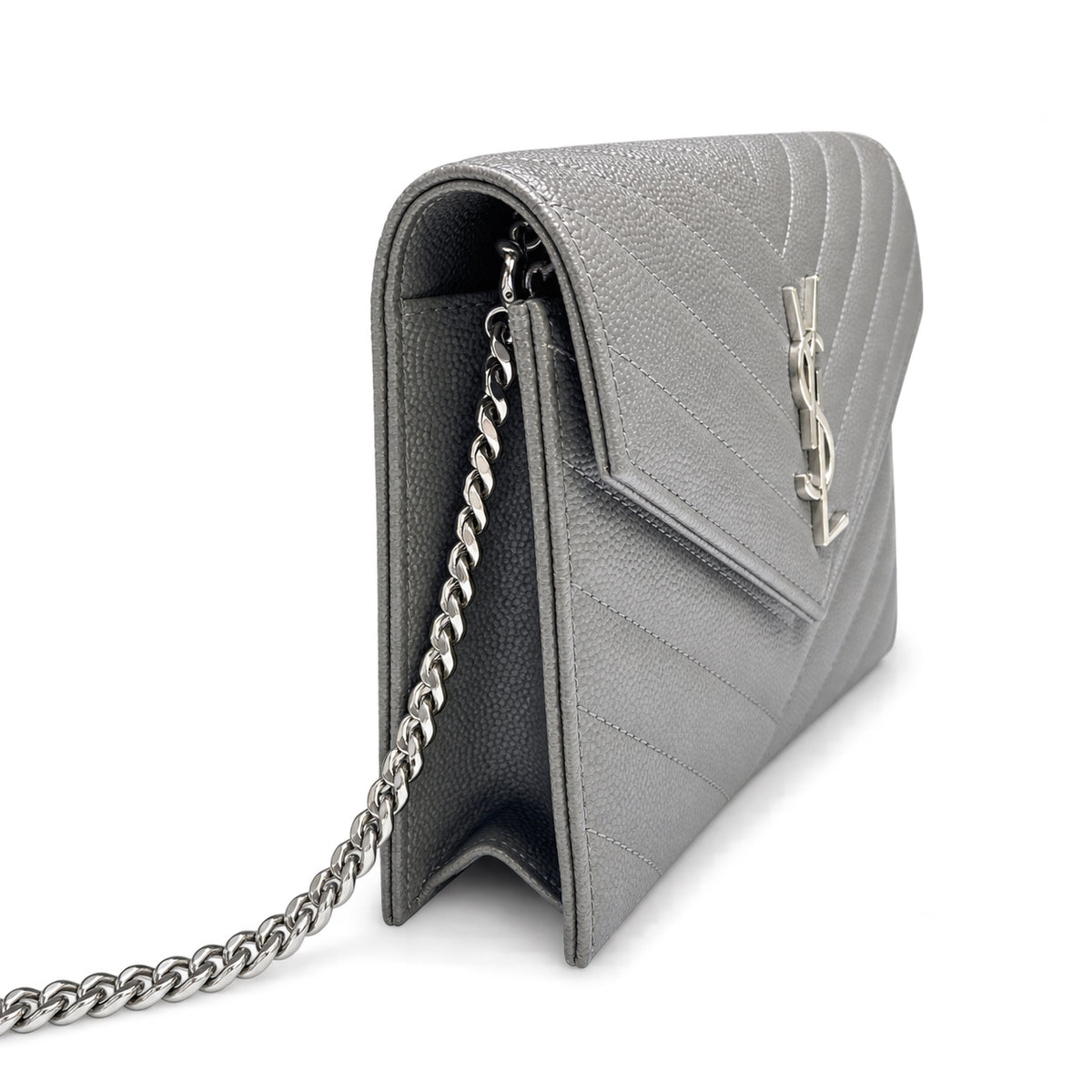 YSL Saint Laurent Envelope Chain Wallet in Grey Matelassé Leather with Silver Hardware