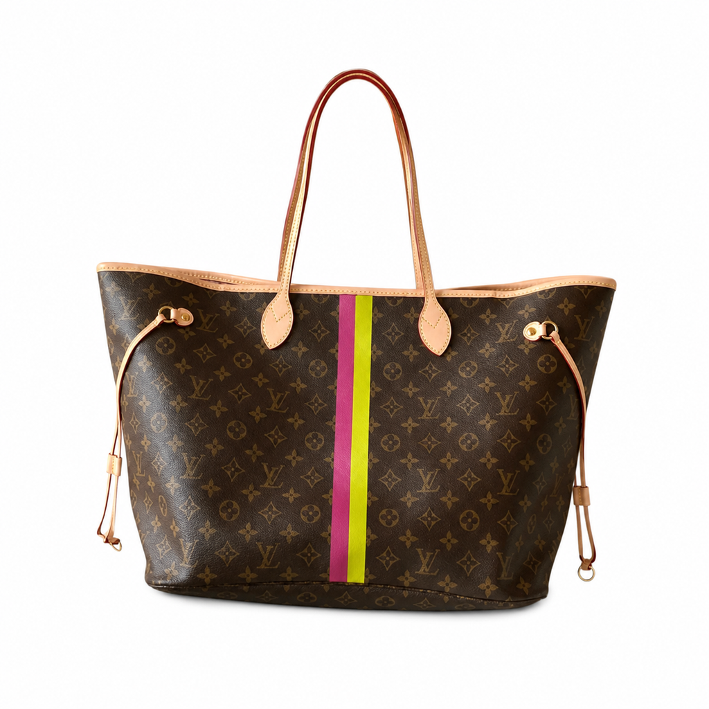 Louis Vuitton Neverfull GM Monogram Canvas with Pink and Yellow Stripe Customization and Vachetta Leather