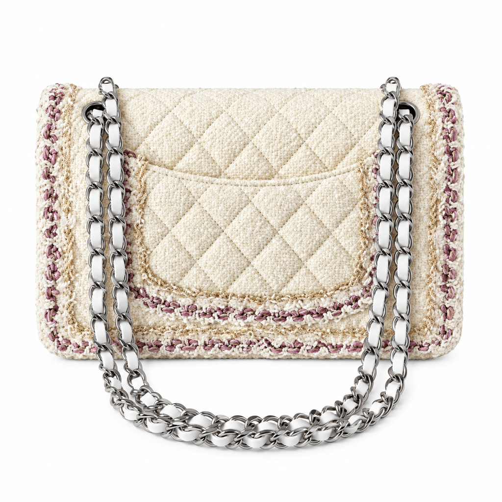 Chanel Classic Flap Quilted Tweed Multicolour Trim Ivory Silver 25cm