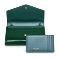Saint Laurent Cassandra chain bag forest green patent leather open interior with teal grained lining and Saint Laurent Paris teal card holder set