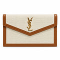 YSL Saint Laurent Cassandre Envelope Clutch Natural Linen Tan Leather Trim Gold YSL Monogram V-Flap