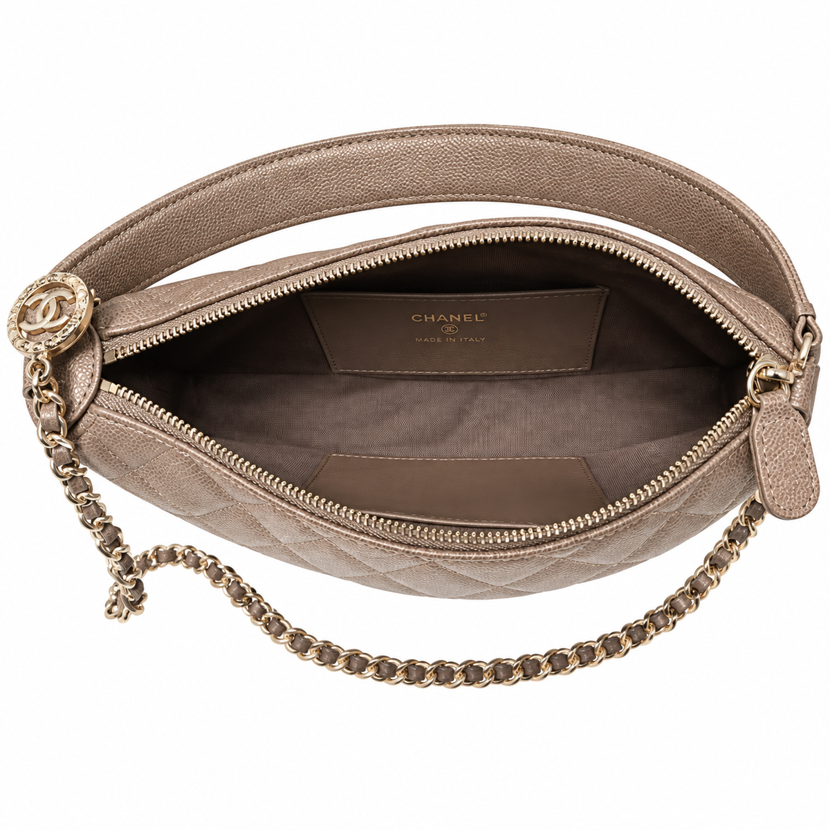 Chanel Crescent Hobo Quilted Metallic Caviar Taupe Gold Dual Chain 22cm