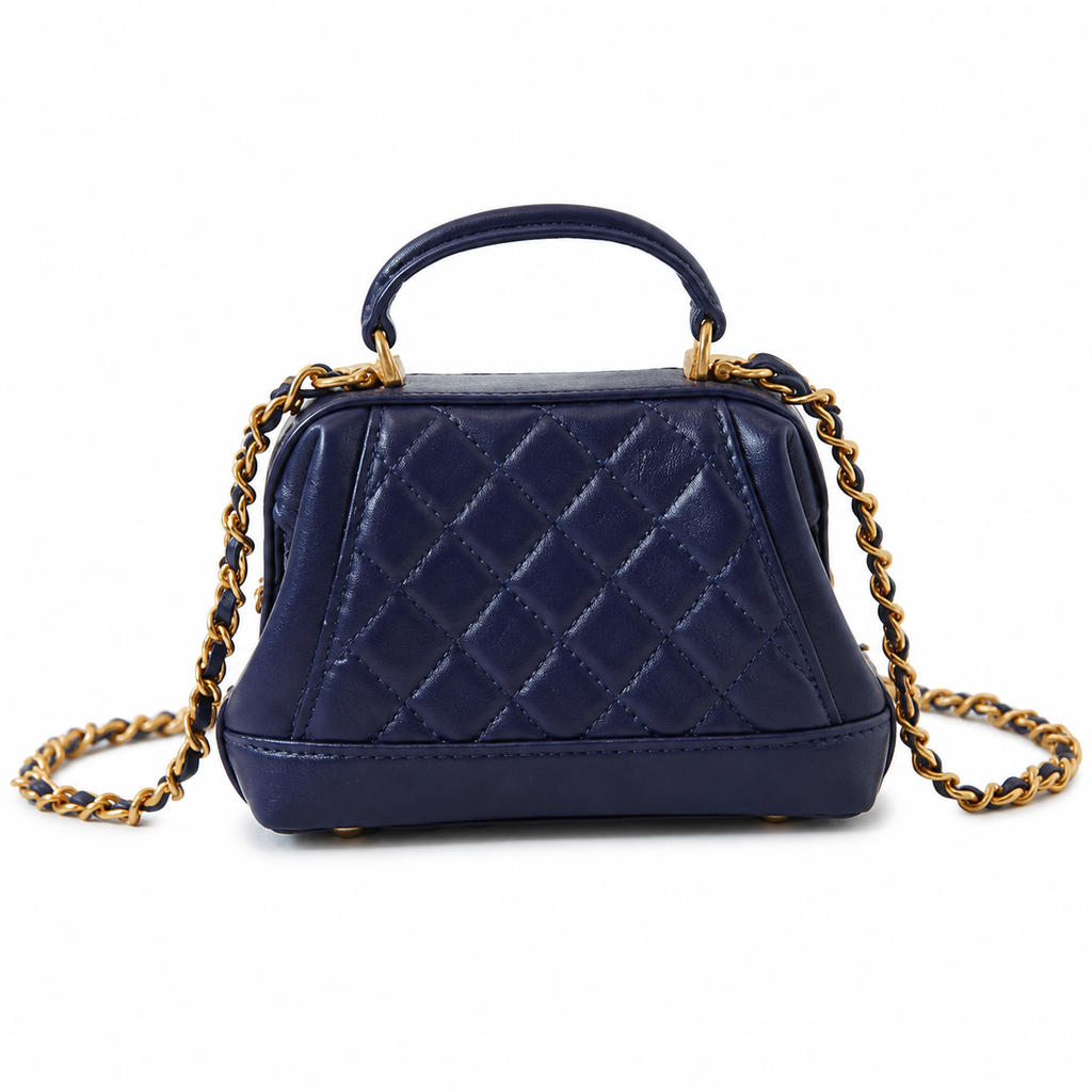 Chanel Mini Top Handle Box Bag | CC Turn-Lock Gold Chain Navy Blue — 9x13cm