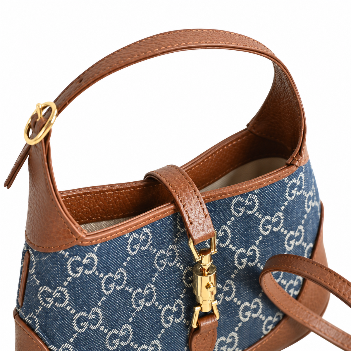 Gucci Jackie 1961 Mini Hobo in Blue GG Denim Canvas with Cognac Trim