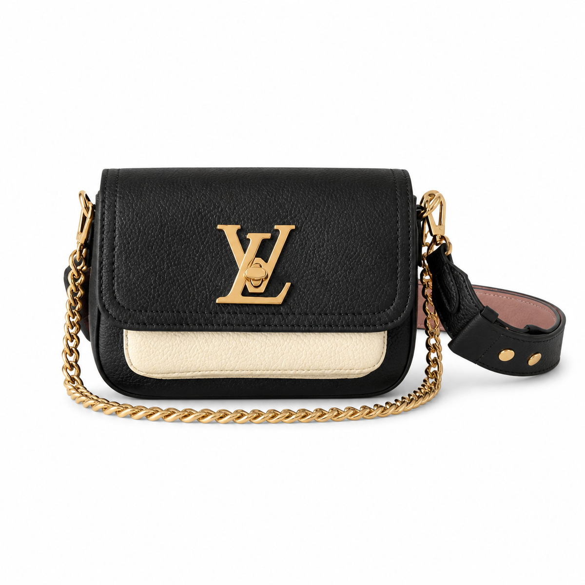 Louis Vuitton Lock Me Tender Black Cream Bicolor Leather with Oversized Gold LV Clasp and Gold Chain Strap