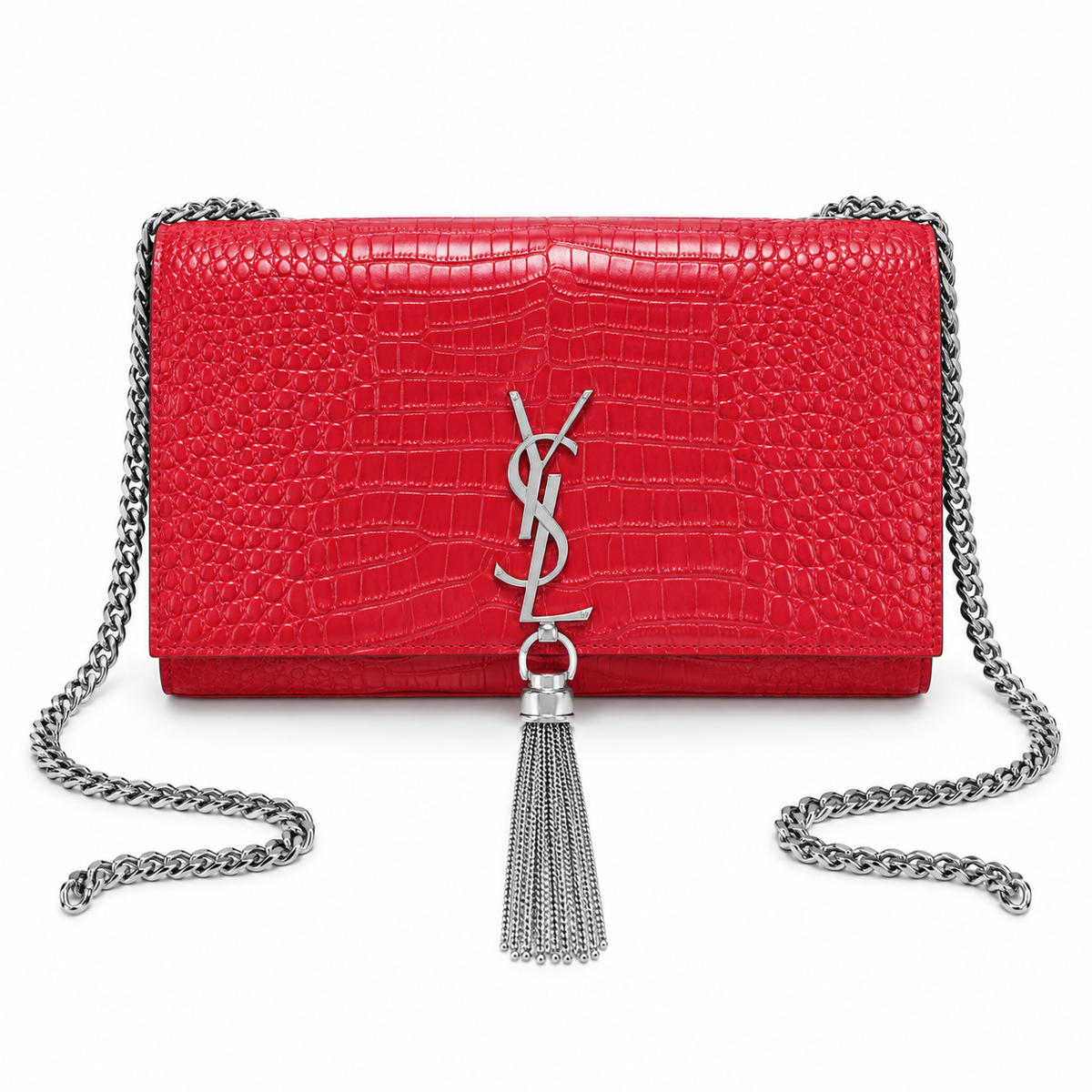 Saint Laurent YSL Kate Tassel chain crossbody bag in red croc-embossed patent leather with silver YSL monogram silver curb chain and silver silk tassel