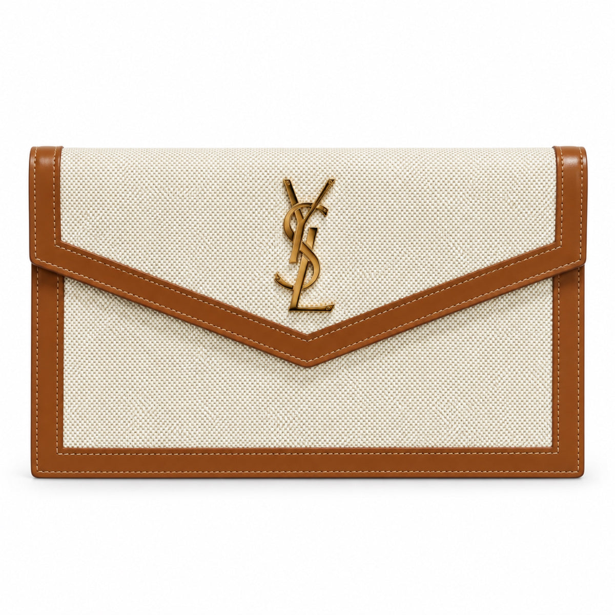 YSL Saint Laurent Cassandre Envelope Clutch in Natural Linen and Tan Leather