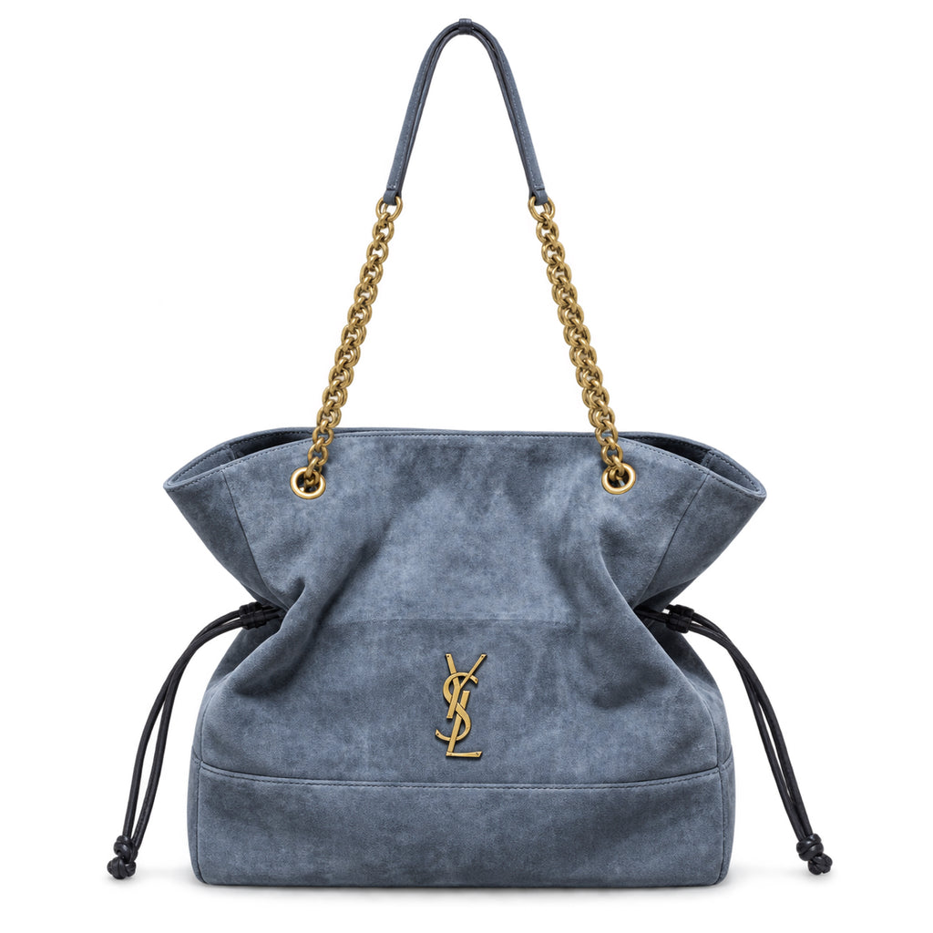 YSL Saint Laurent Jamie Tote Bag in slate blue suede with gold chain strap and YSL Cassandre monogram hardware