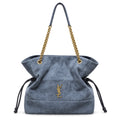 YSL Saint Laurent Jamie Tote Bag in slate blue suede with gold chain strap and YSL Cassandre monogram hardware