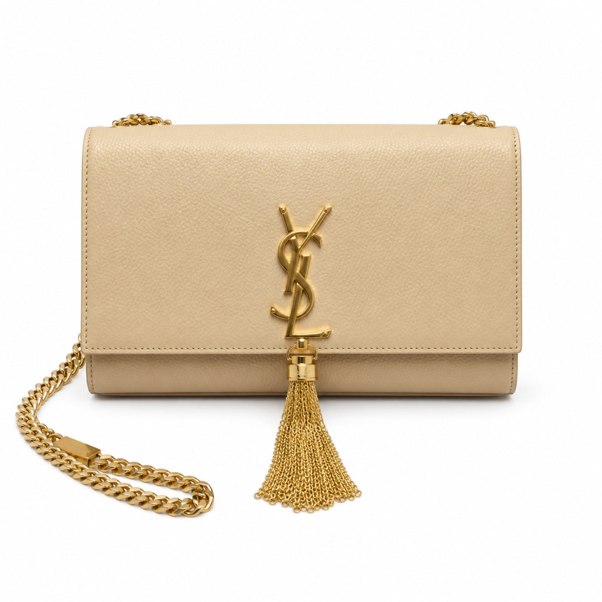 Saint Laurent YSL Kate Tassel chain crossbody bag in warm beige sand smooth calfskin leather with antique gold YSL monogram gold curb chain and cascading gold chain tassel