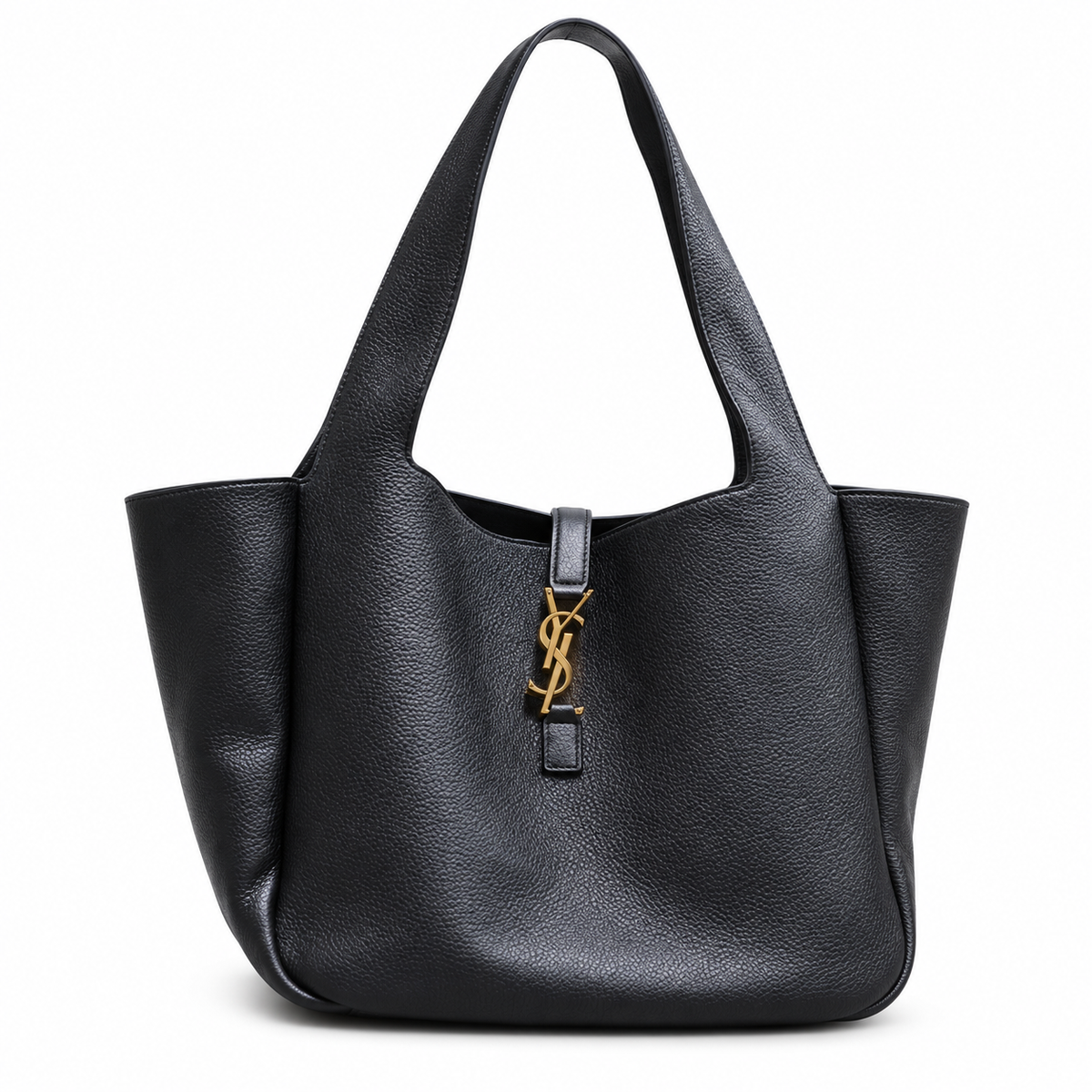 YSL Bea Tote Bag in black pebbled grained leather with gold YSL cassandre monogram charm and dual flat shoulder straps, front view