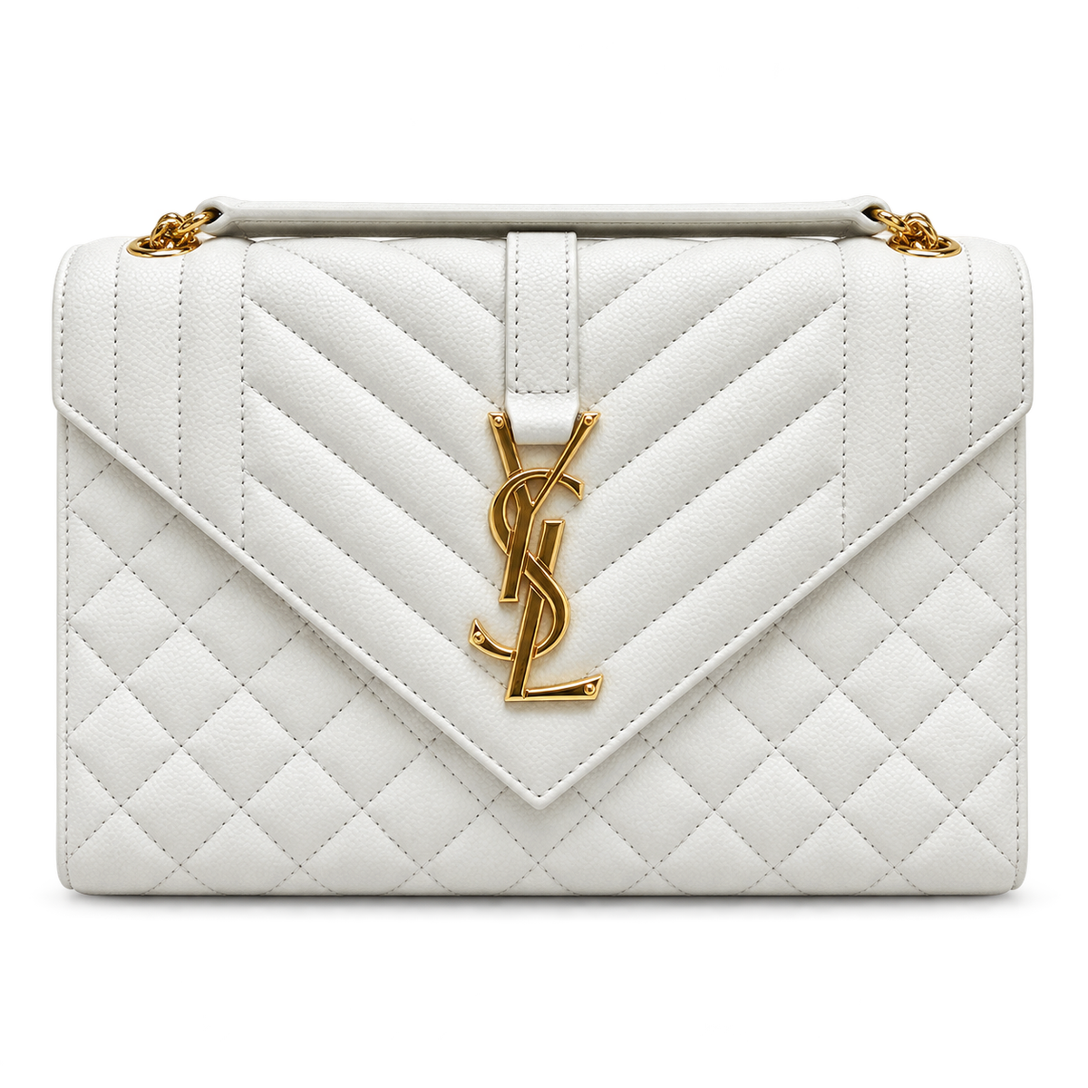 YSL Envelope Medium Bag in white mixed-quilted leather with gold YSL monogram tab closure, top handle and chain strap, front view