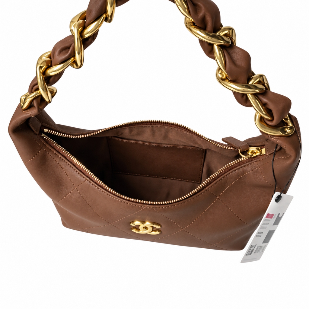 Chanel Zip Hobo Quilted Lambskin Caramel Brown Chunky Chain Gold 28cm