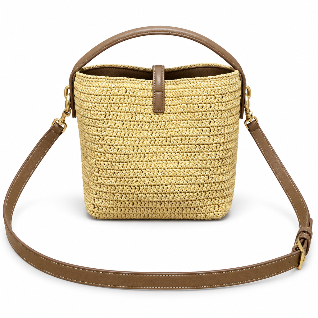 YSL Le 37 Bucket Bag in natural woven raffia with tan leather top handle, adjustable crossbody strap and gold-tone hardware, front view