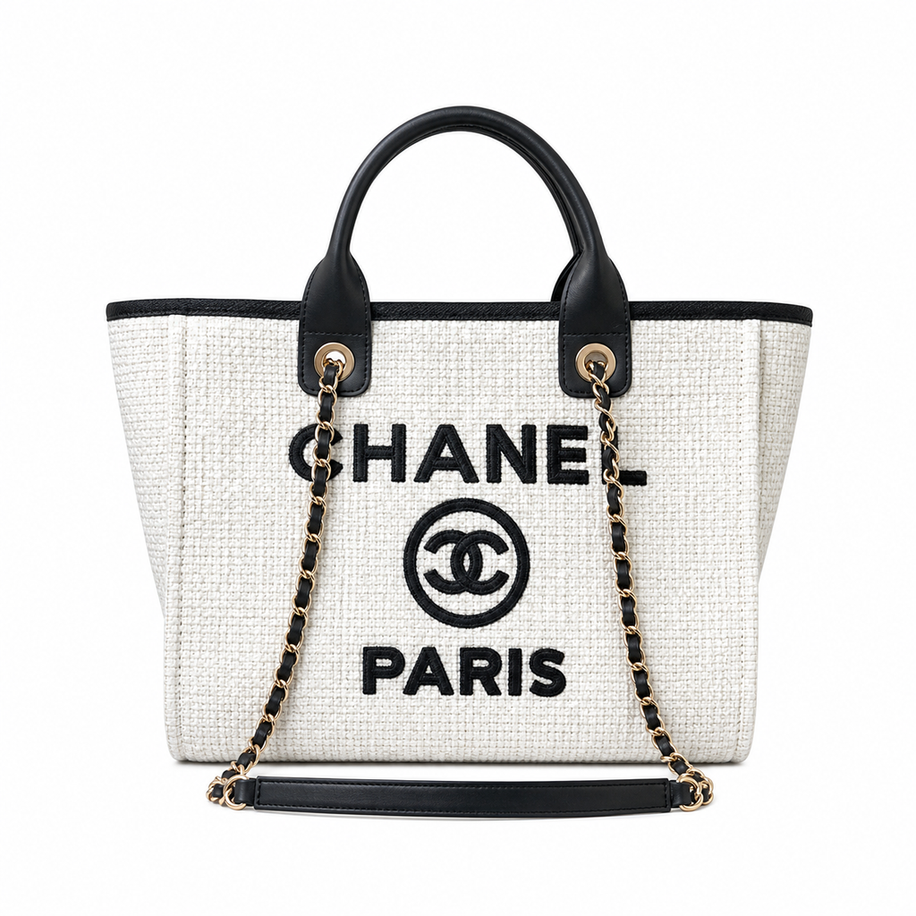 Chanel Deauville Tote Ivory Bouclé | Black Leather CHANEL CC PARIS Appliqué & Gold Chain — 33cm