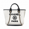 Chanel Deauville Tote Ivory Bouclé | Black Leather CHANEL CC PARIS Appliqué & Gold Chain — 33cm