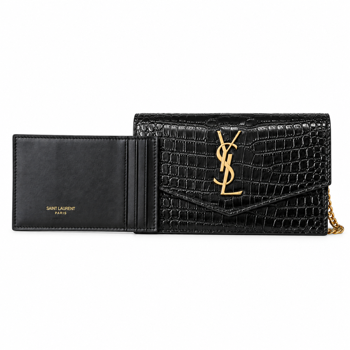 Saint Laurent Uptown Chain Wallet – Black Croc & Wallet Set