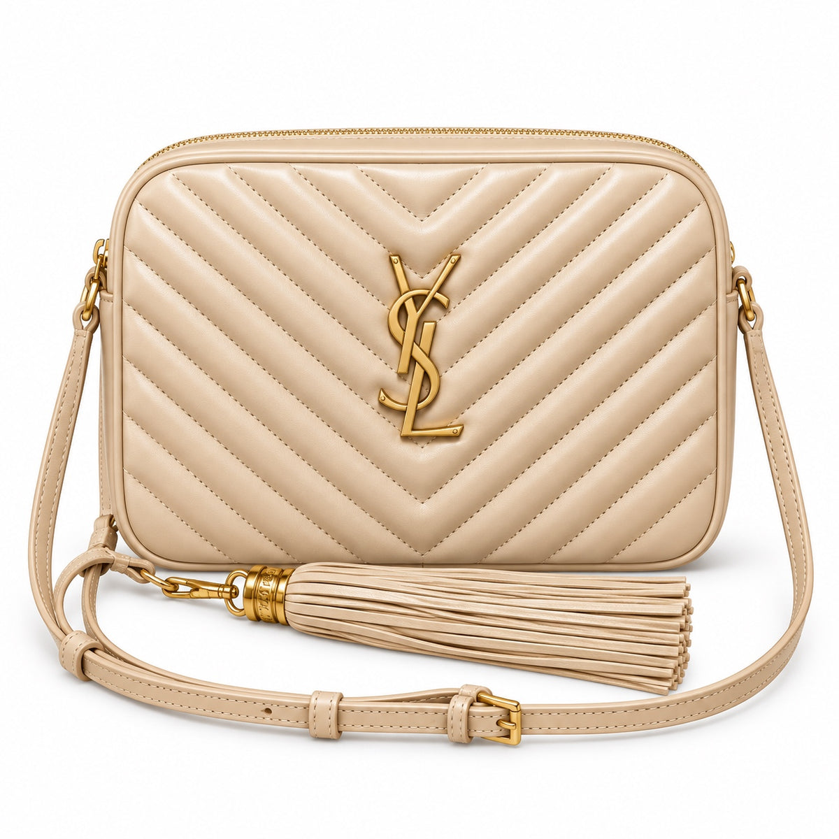 Saint Laurent YSL Lou Camera Bag in Powder Beige Nude Blush Quilted Lambskin Leather with Shiny Gold YSL Monogram Chevron Quilting Powder Leather Tassel and Adjustable Strap