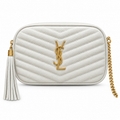 Saint Laurent YSL Lou Mini Camera Bag in White Ivory Grained Leather with Gold YSL Monogram Chevron Quilting White Tassel and Gold Chain Strap