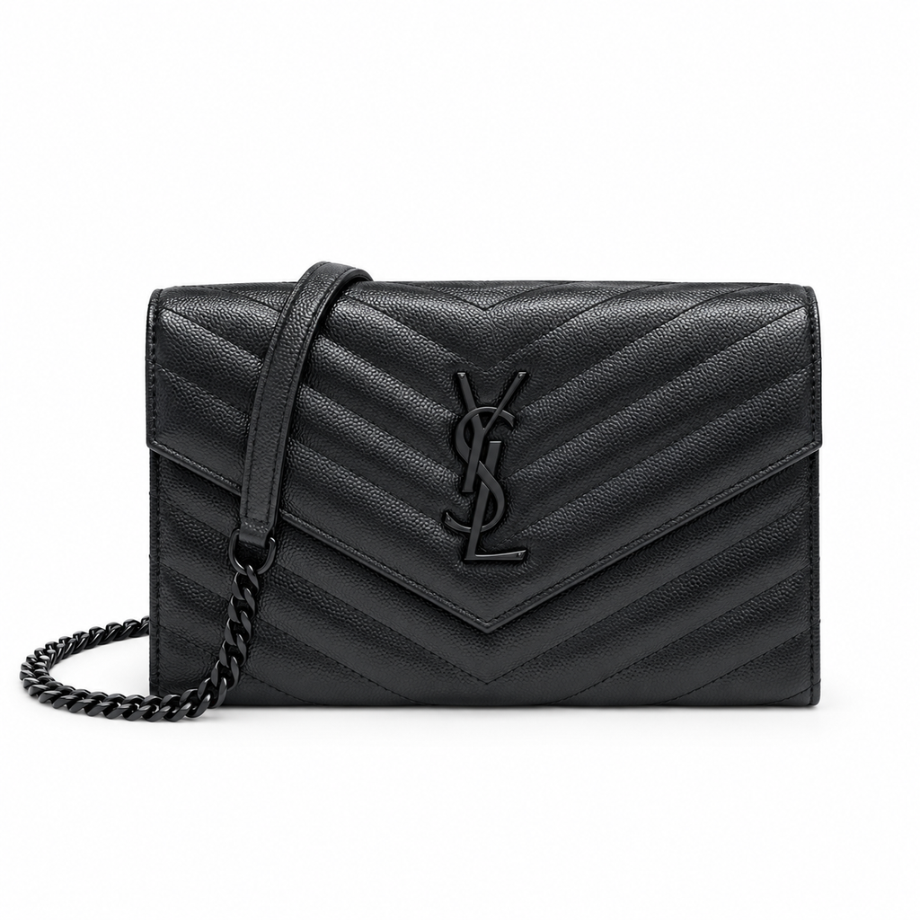 YSL Saint Laurent Envelope Chain Wallet Black Matelasse Chevron Leather Tonal Black YSL Monogram Black Chain Strap