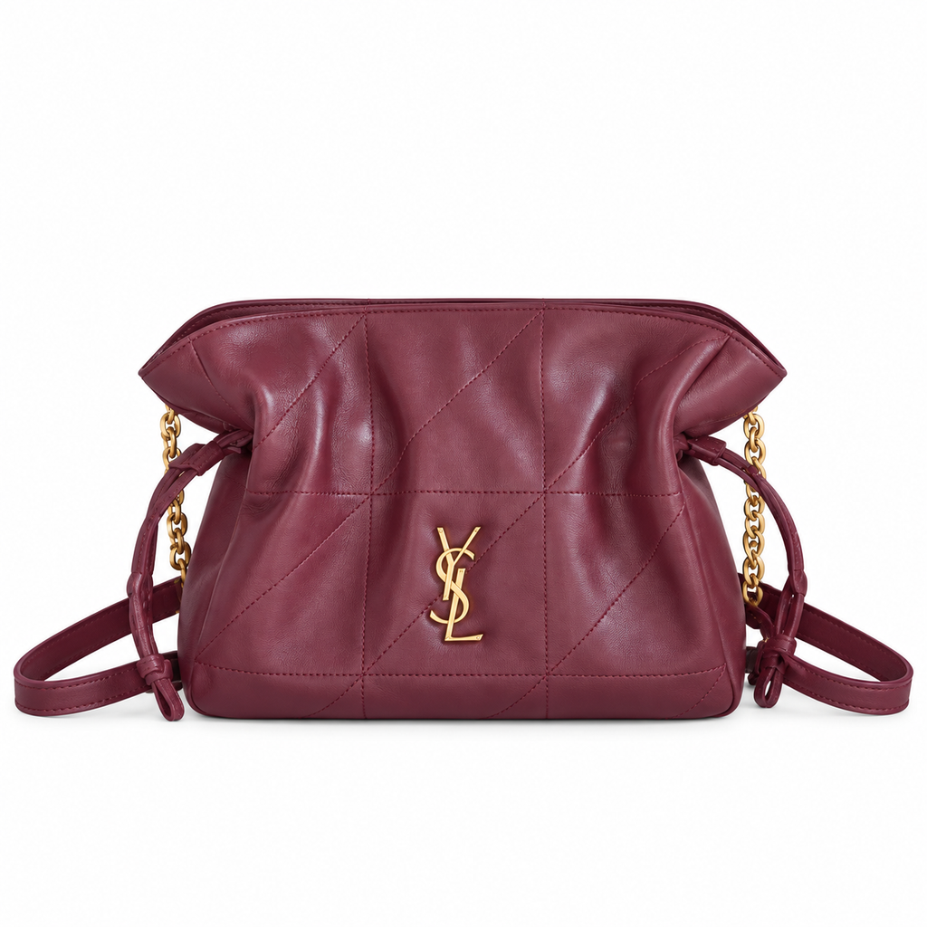 Saint Laurent YSL Bon Bon quilted drawstring chain shoulder bag in burgundy calfskin leather with gold YSL monogram hardware