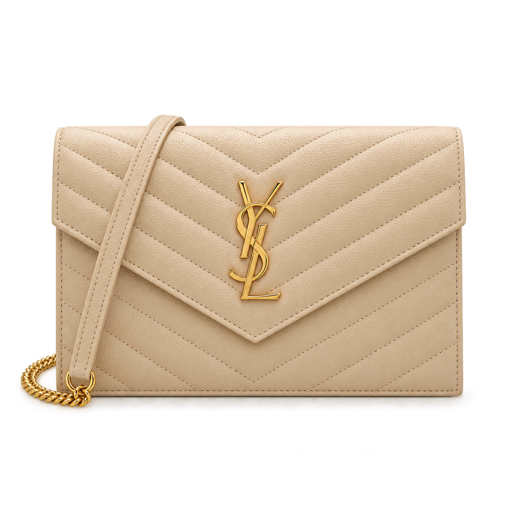 YSL Saint Laurent Envelope Chain Wallet in Sand Matelassé Leather