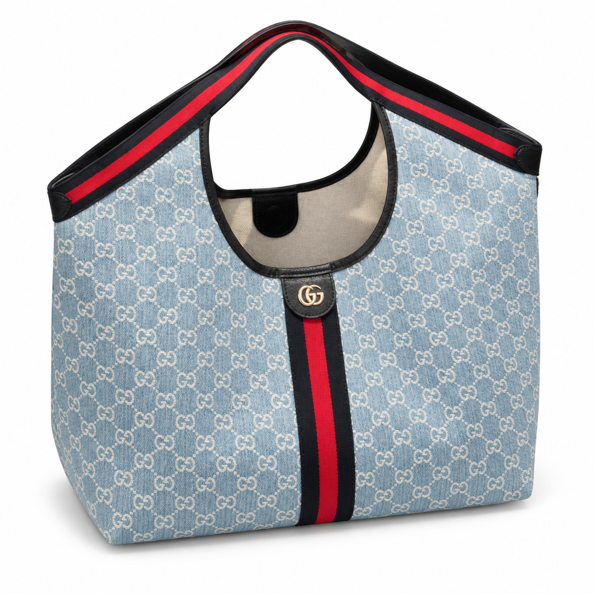 Gucci GG Denim Web Stripe Round Handle Tote