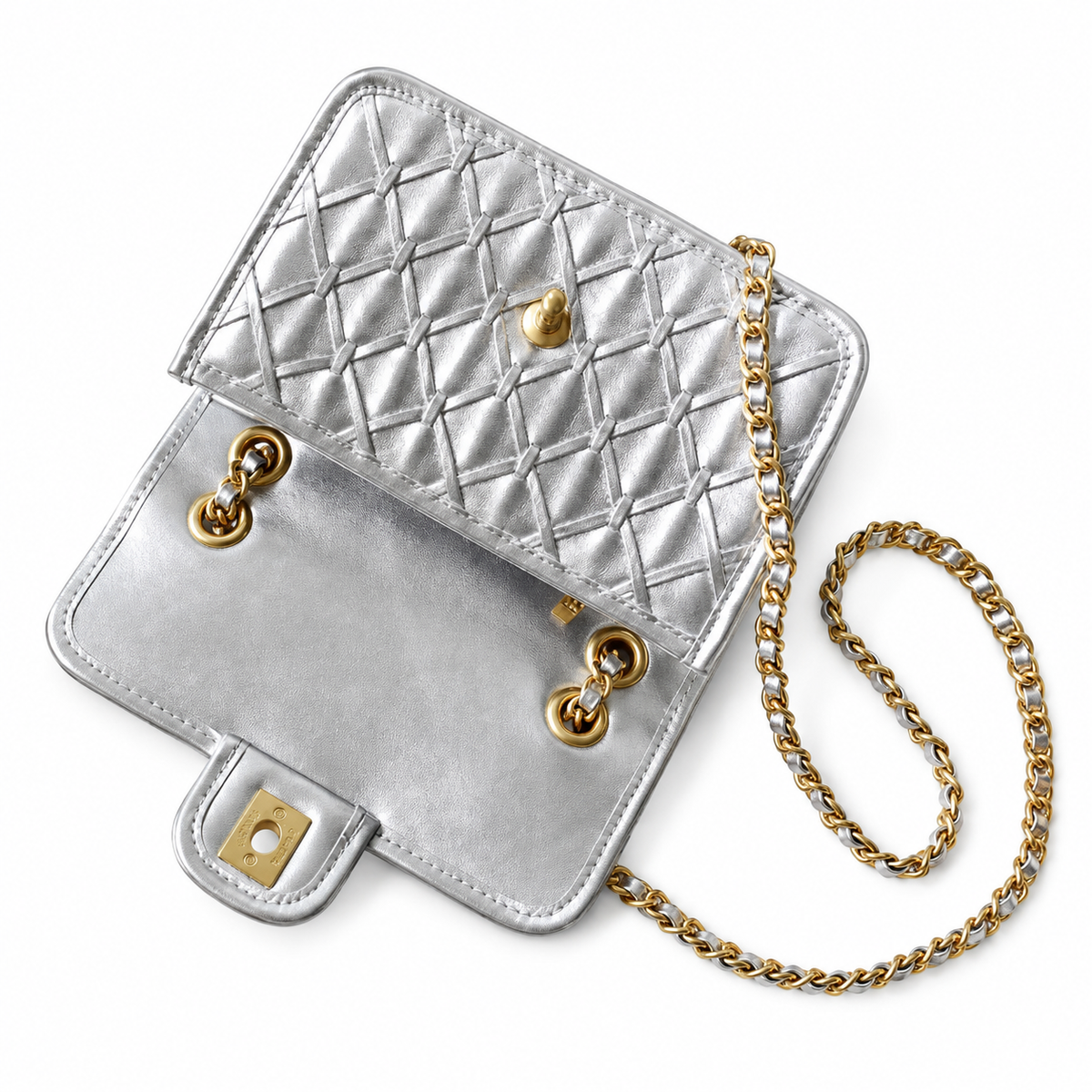 Chanel Silver Crinkled Metallic Quilted Small Flap Bag