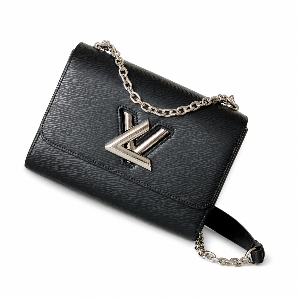 Louis Vuitton Twist MM All Black Epi Leather with Sculptural Silver LV Twist Lock and Silver Chain Strap