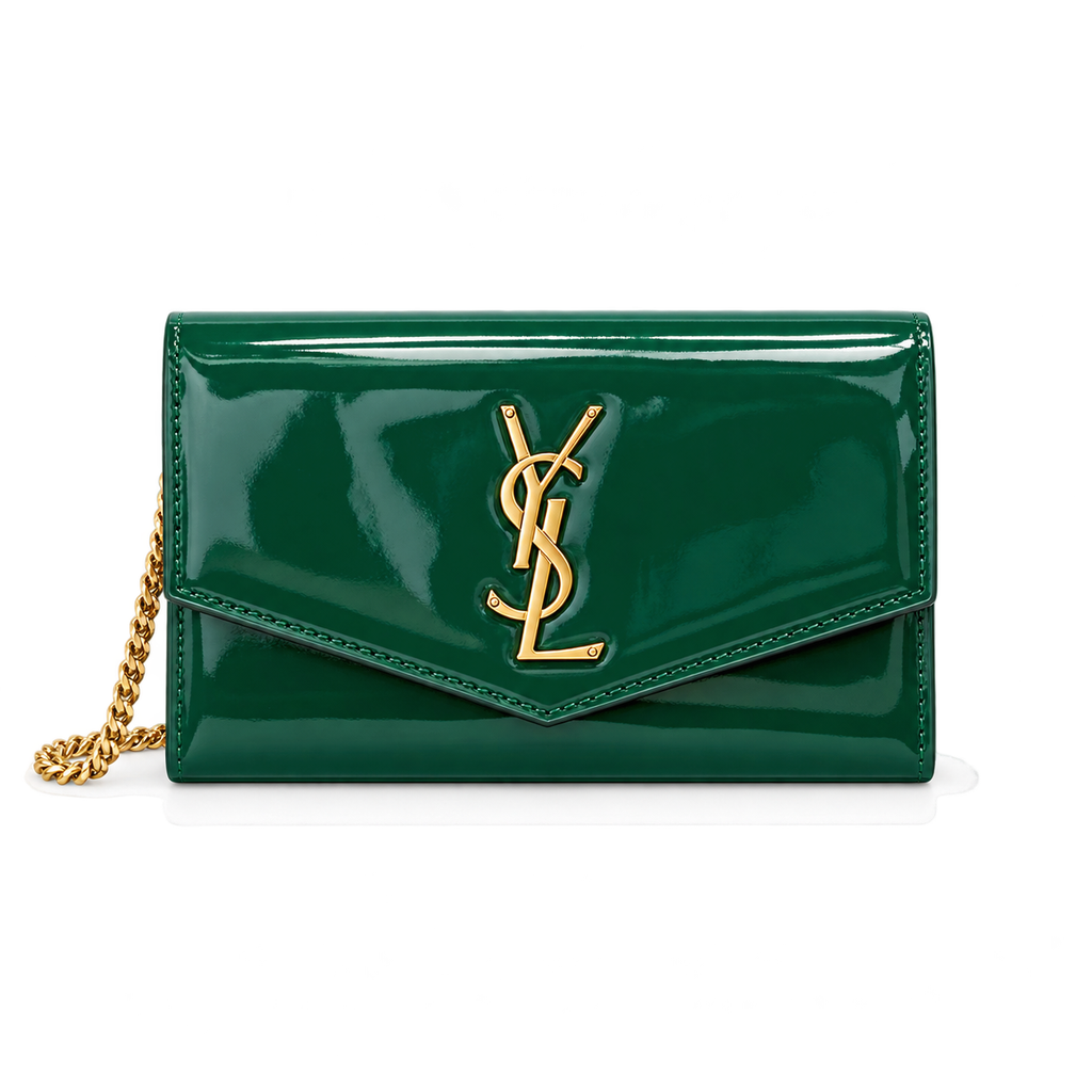 Saint Laurent YSL Uptown Chain Wallet in emerald green patent leather with gold chain strap
