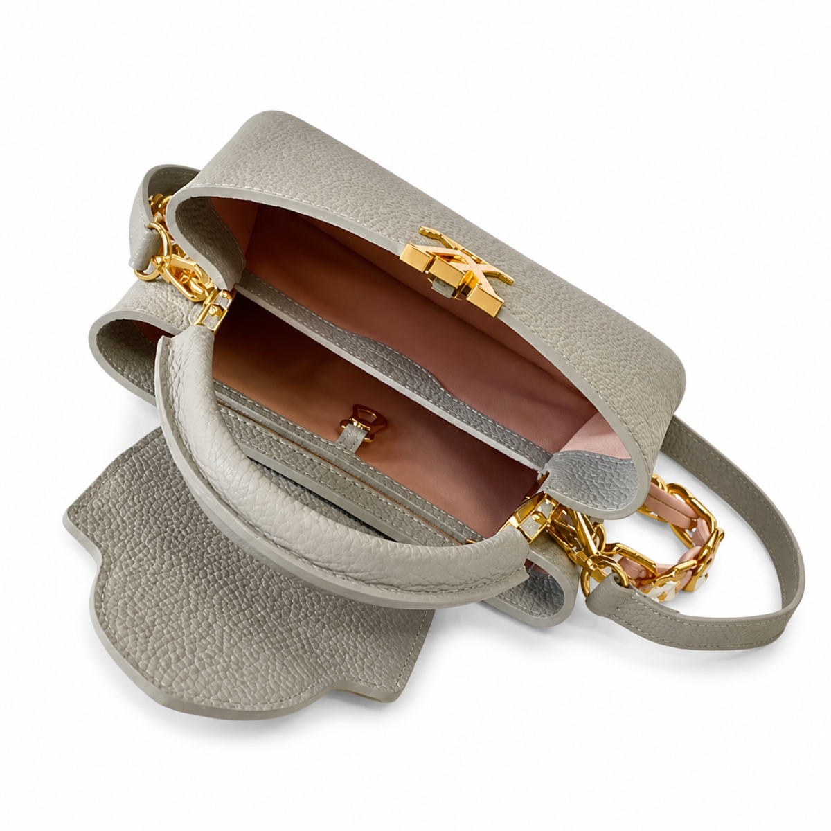 Louis Vuitton Capucines Mini Grey Taurillon Leather Bag Floral Chain