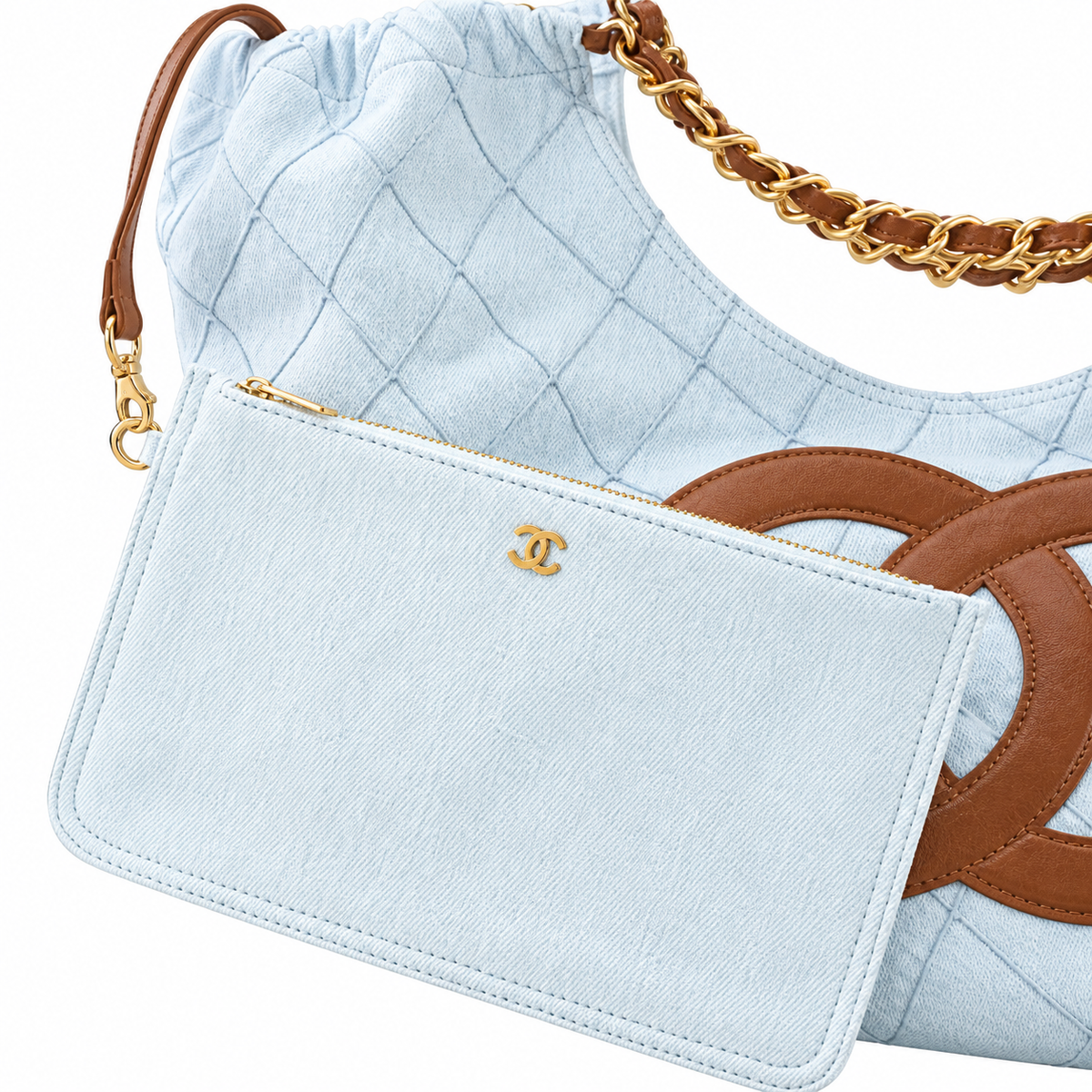 Chanel Large Gathered Hobo Tote Quilted Lambskin Ice Blue Tan CC 43cm