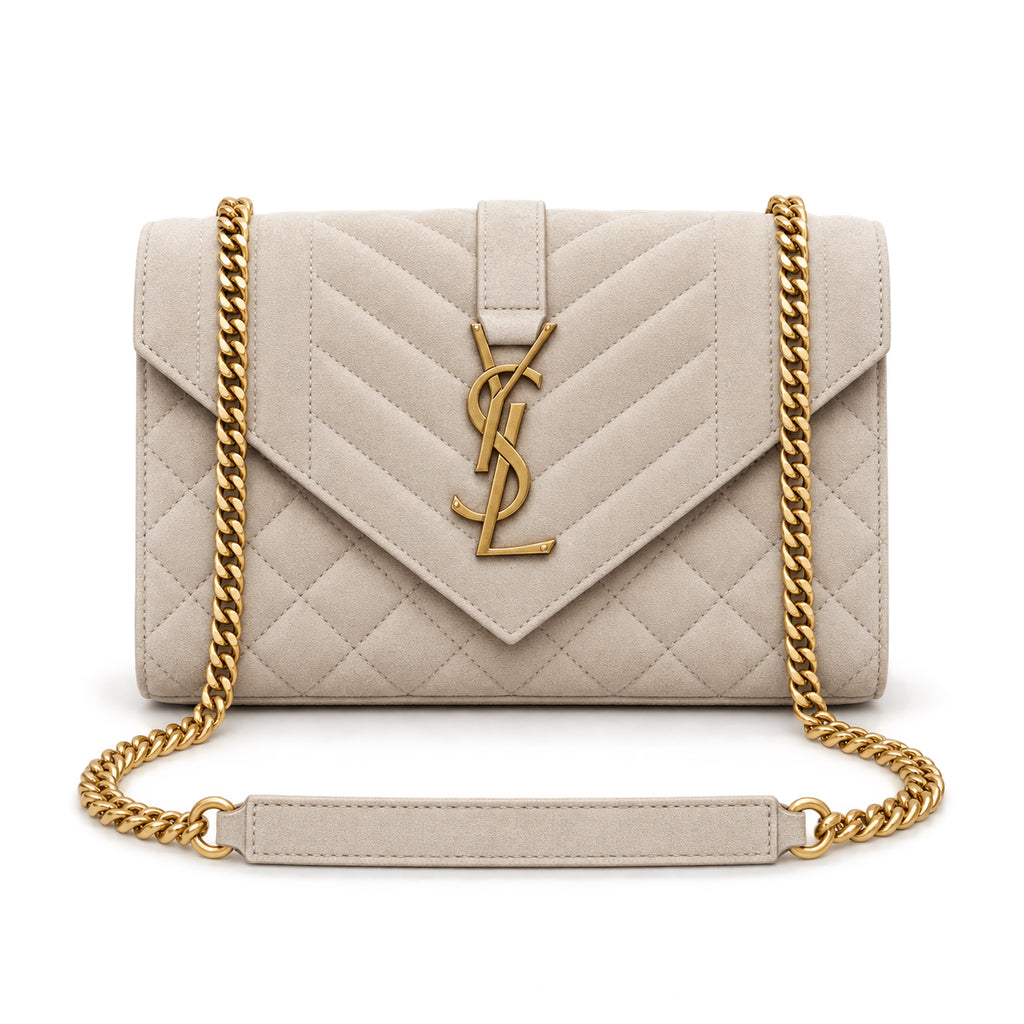 Saint Laurent YSL Envelope small chain crossbody bag in cream off-white chevron quilted suede with oversized gold YSL monogram and gold curb chain strap with leather shoulder pad